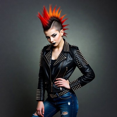 Woman with red mohawk leather jacket