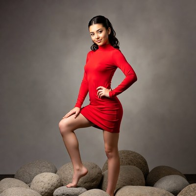 Girl posing on rocks in red dress