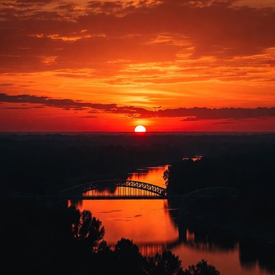 Sunset over river bridge