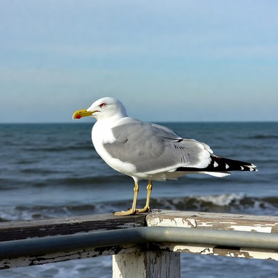 Seagull standing on pier by ocean