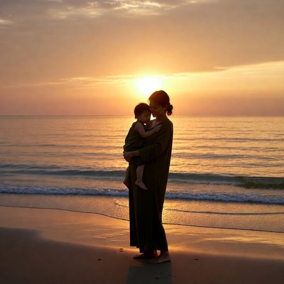 Mother holding baby at sunset beach