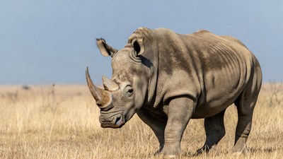 White rhinoceros walking in dry grass