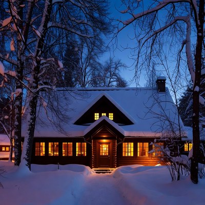 Snowy Wooden Cabin in Winter Night