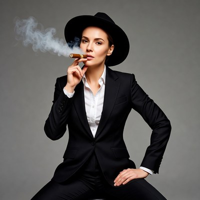 Woman smoking cigar in black suit