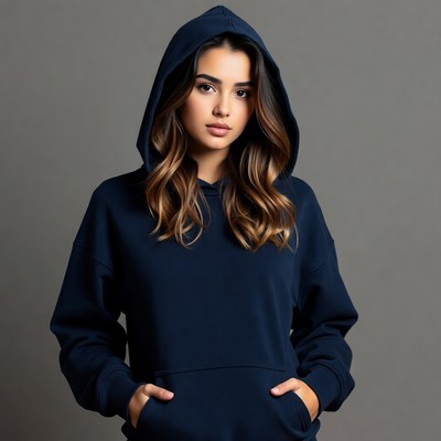 Woman in navy blue hoodie