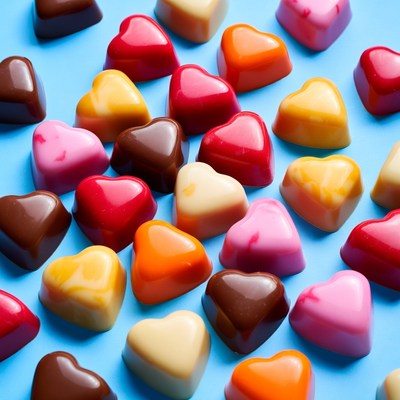 Colorful Heart-Shaped Chocolates on Blue