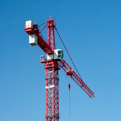 Red Tower Crane Against Blue Sky