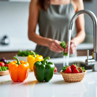 Woman washing herbs at kitchen sink