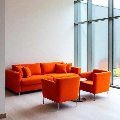 Orange sofa and chairs by large window