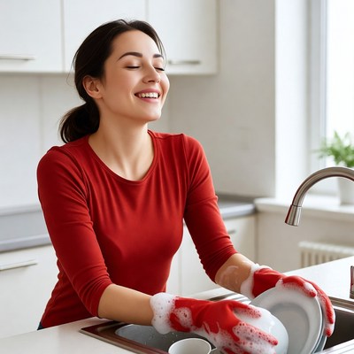 Woman washing dishes in kitchen
