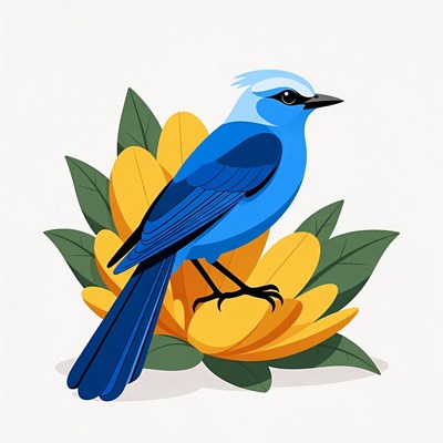 Blue bird on yellow flowers