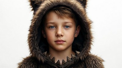 Boy in bear hood costume