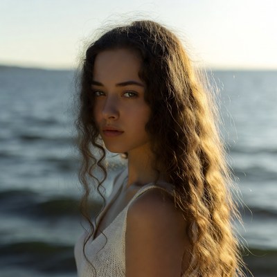 Young woman by lake sunset