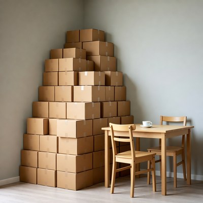 Tower of Cardboard Boxes by Table