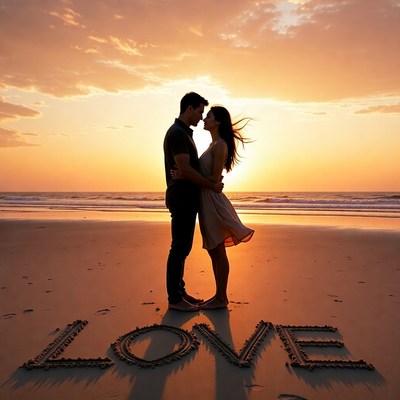 Couple embracing at sunset beach