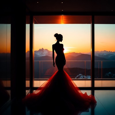 Silhouette woman in red gown sunset mountains
