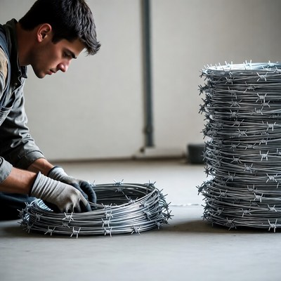 Young man handling barbed wire