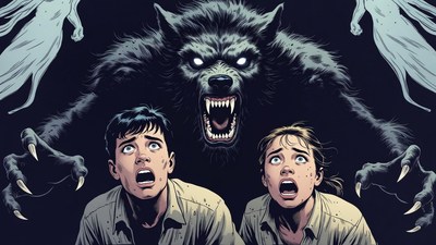 Werewolf terrifying scared boy and girl