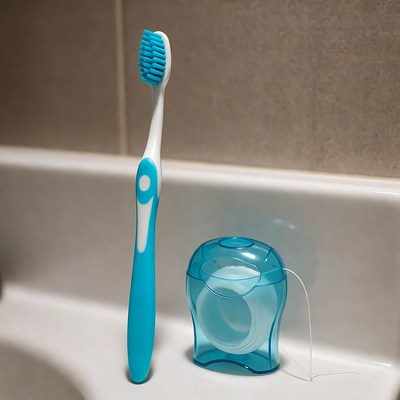 Blue toothbrush and floss on bathroom sink