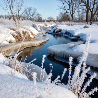 Frozen River in Snowy Landscape