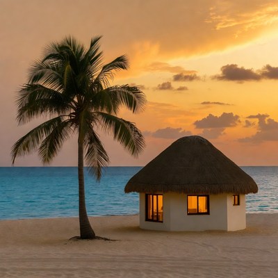 Palm Tree and Beach Hut at Sunset