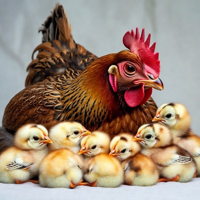 Hen with chicks on gray background