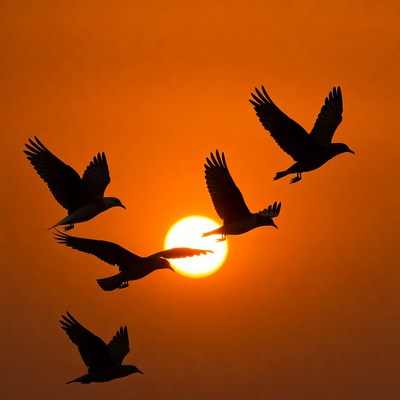 Birds flying over sunset