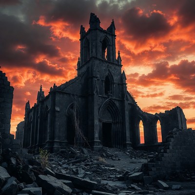 Ruined Gothic Church at Sunset