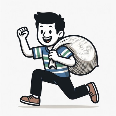 Cartoon boy running with sack