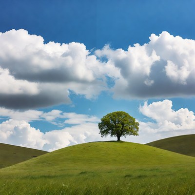 Lone Oak Tree on Green Hill