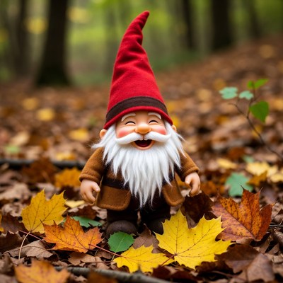 Smiling gnome in autumn forest