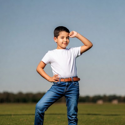 Boy flexing muscles outdoors