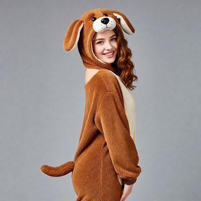 Woman in brown dog onesie