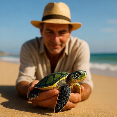 Man holding baby sea turtle on beach