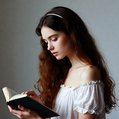 Woman reading book with headband