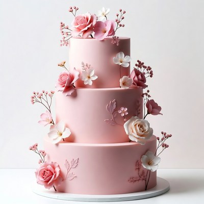 Three-tier pink rose wedding cake