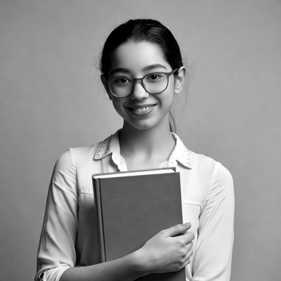 Asian girl holding book smiling