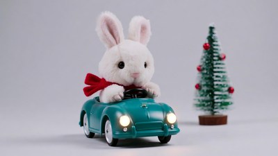 White bunny driving green car with Christmas tree