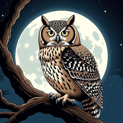 Owl perched on branch under full moon