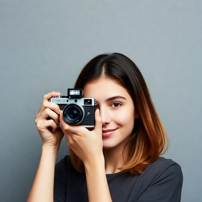 Woman holding vintage camera