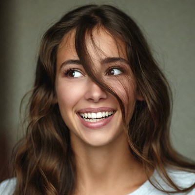 Smiling woman with wavy brown hair