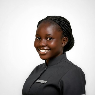 Smiling African woman in black uniform