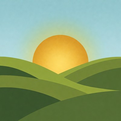 Sun rising over green hills