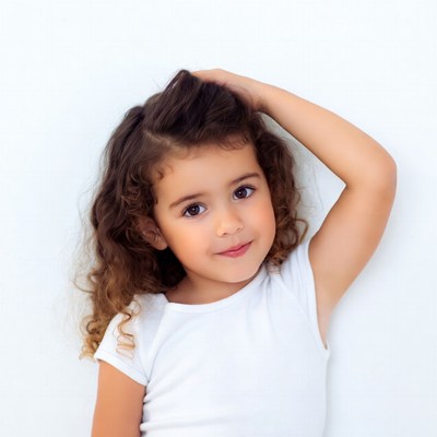 Curly-haired girl hand on head