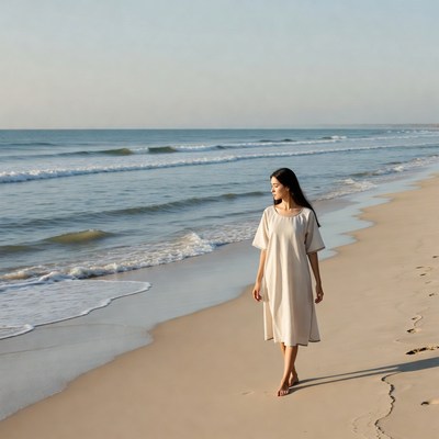 Asian woman walking on beach