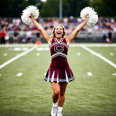 Cheerleader with pom poms on football field