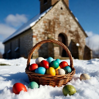 Colorful Easter eggs basket snowy church