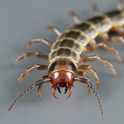 Close-up of centipede on gray background
