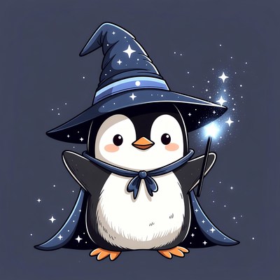 Cute penguin wizard casting spell