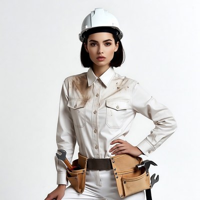 Woman in hard hat with tool belt
